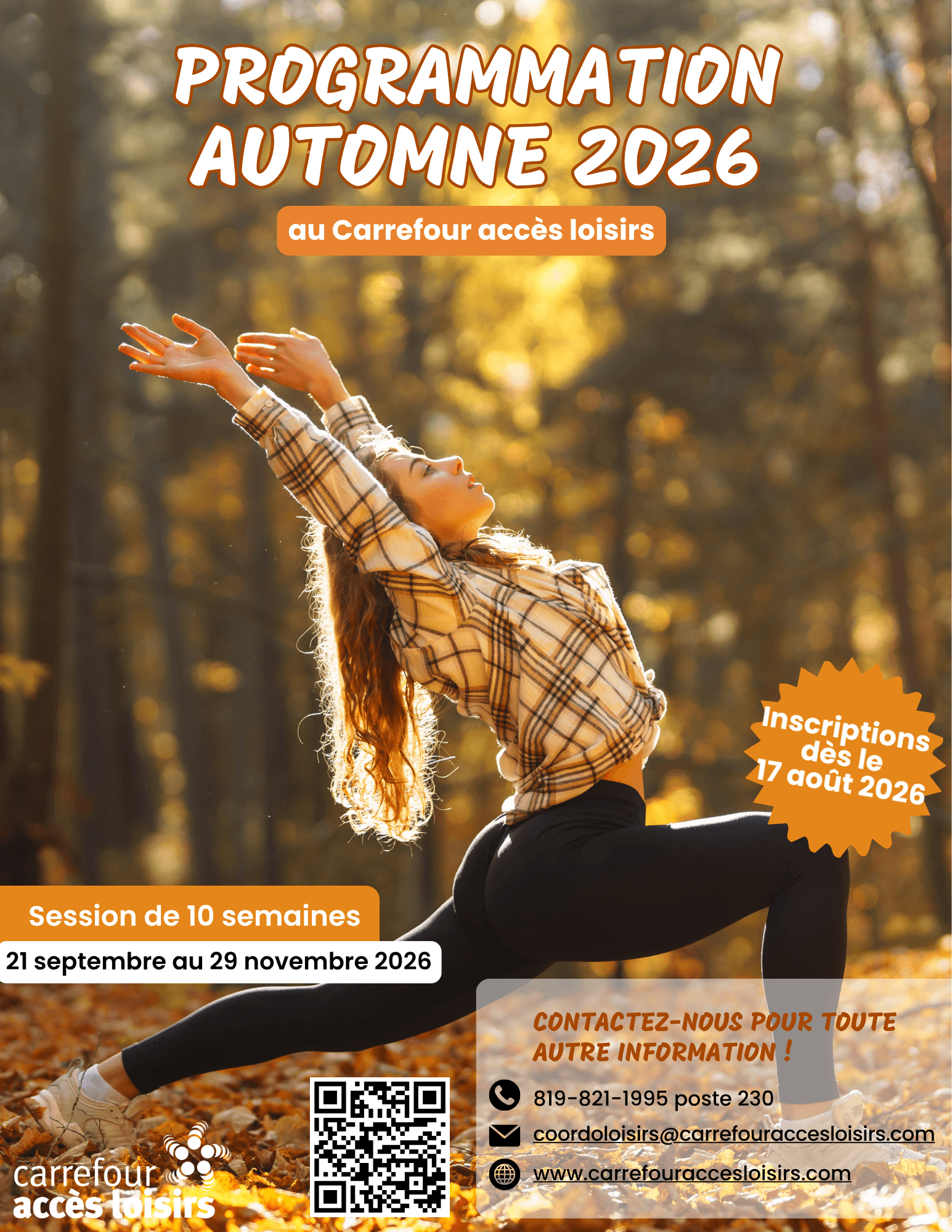 Page de couverture Automne Femme qui fait du yoga dans la nature en automne, programmation d'automne 2026